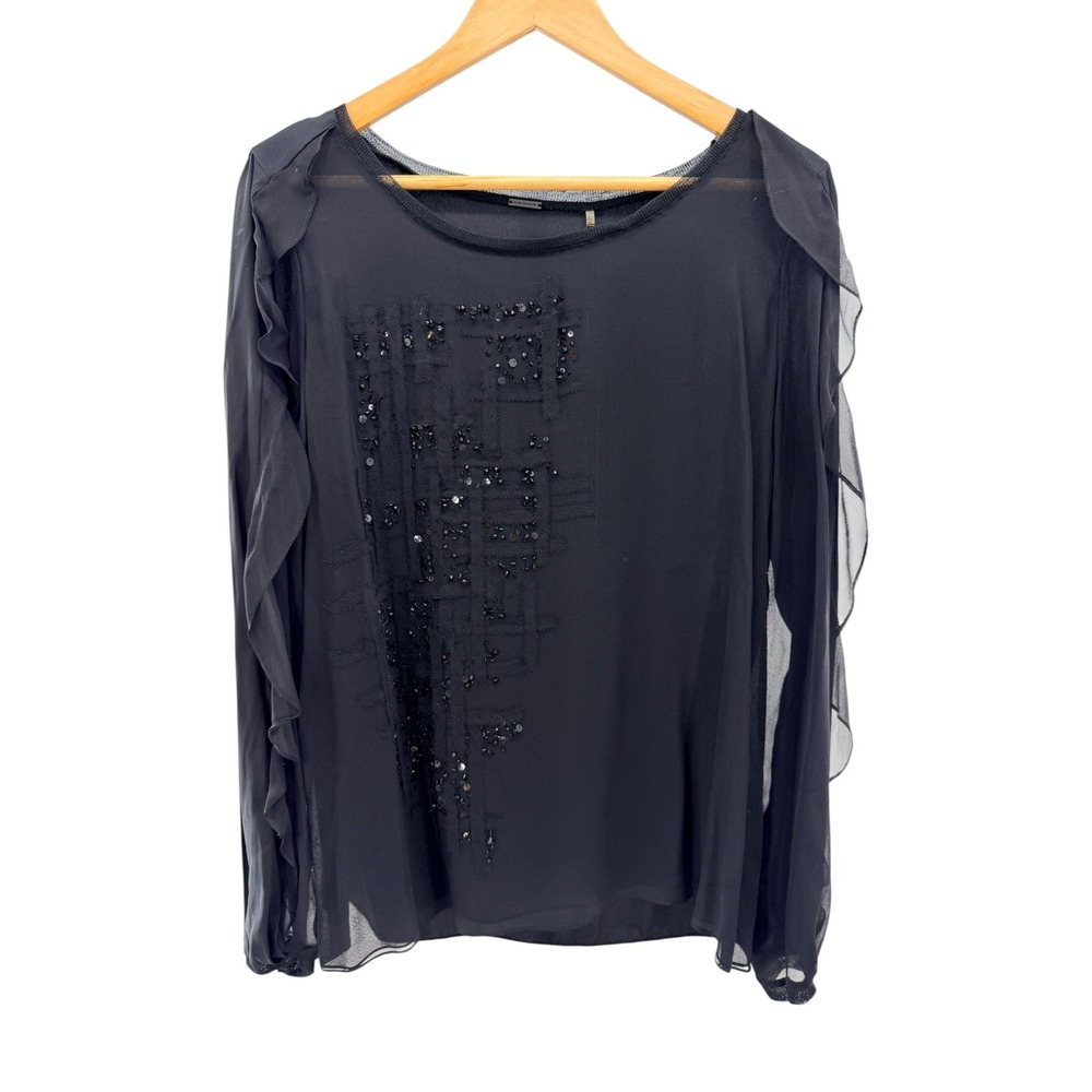 Elie Tahari Emily Blouse L Black 100% Silk Beaded Sequin Ruffle Sleeve Sheer NEW